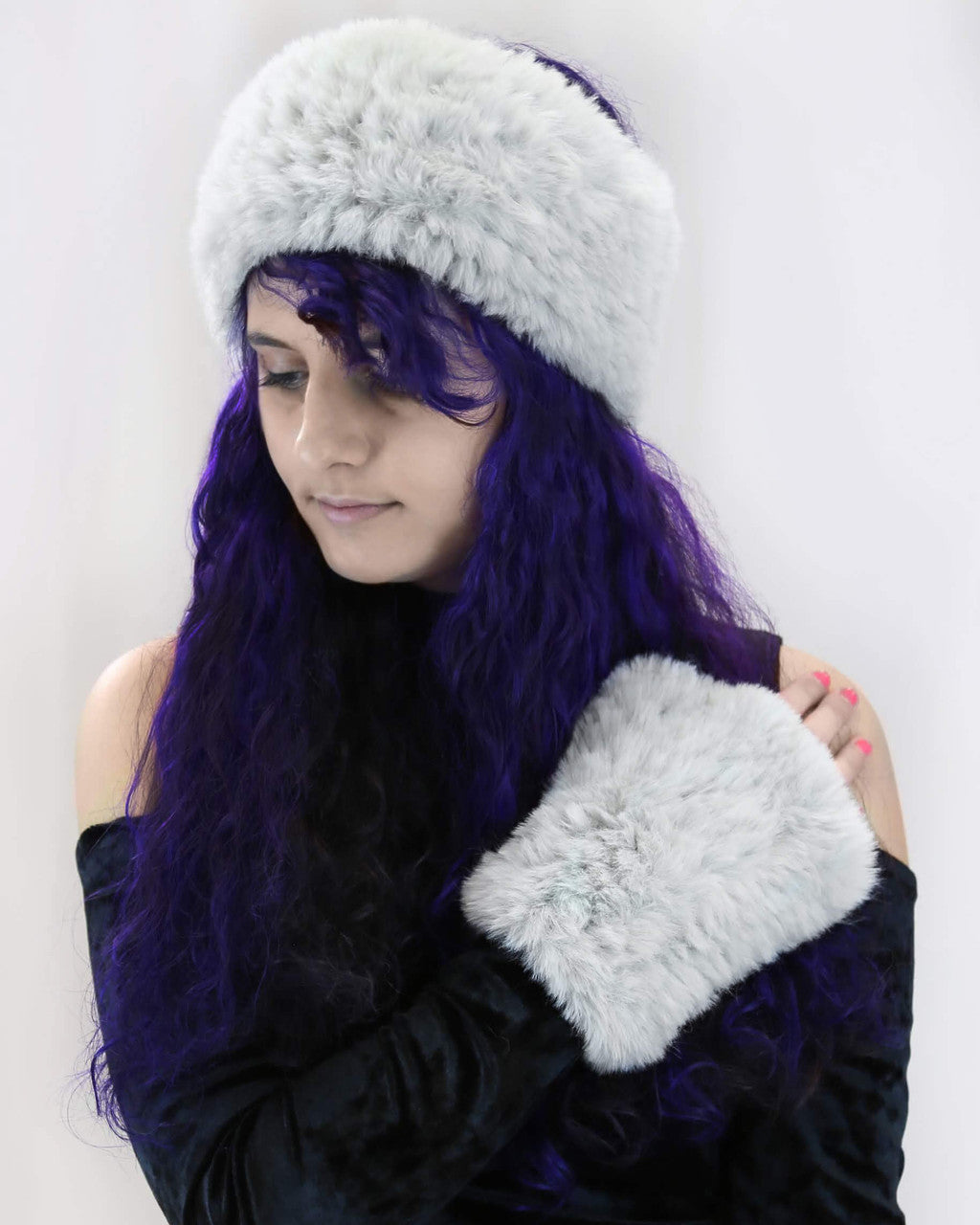 Faux Fur Rex Textile Knit Headband in Grey