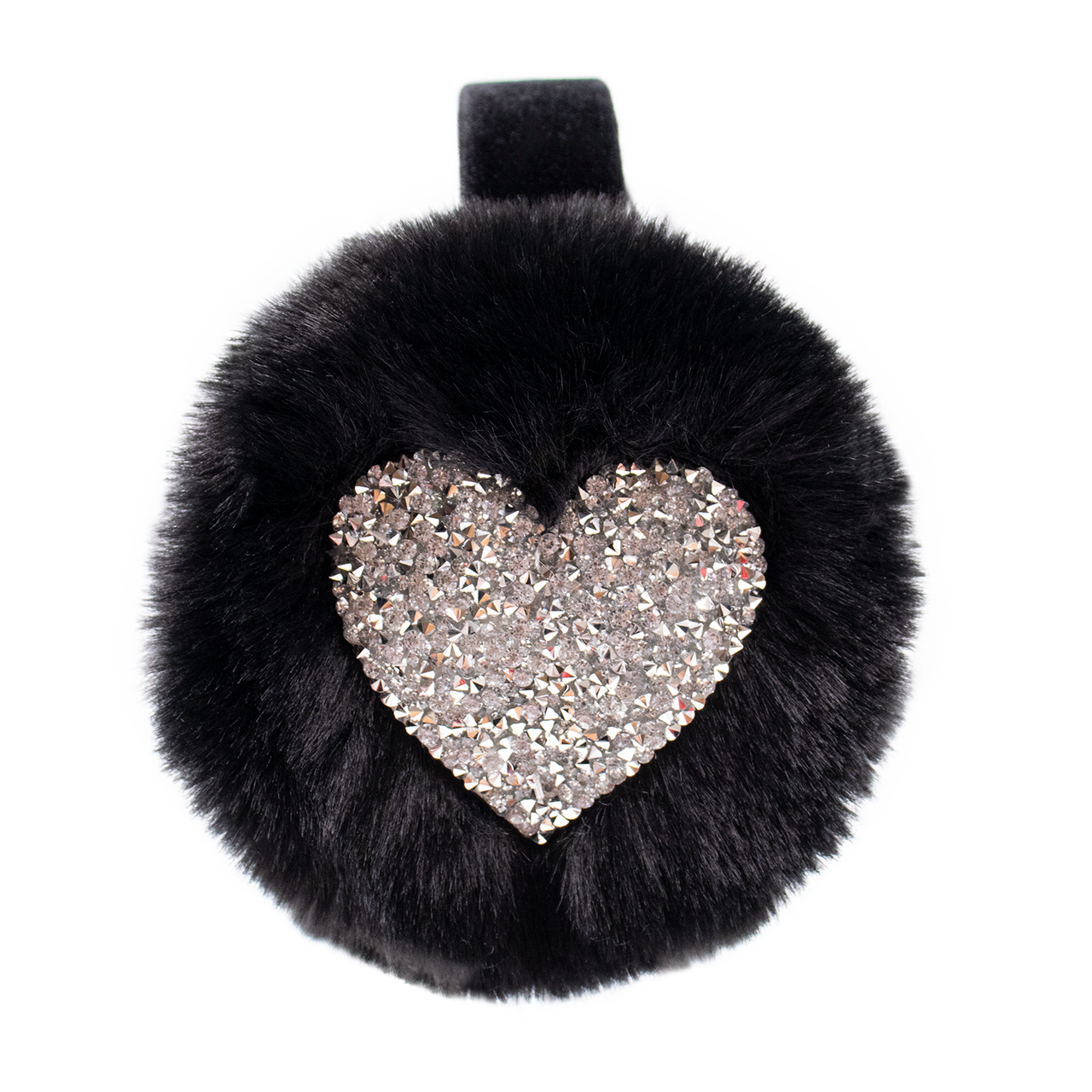 Children's Black Faux Rex Rabbit Fur Earmuff with Sparkly Silver Heart
