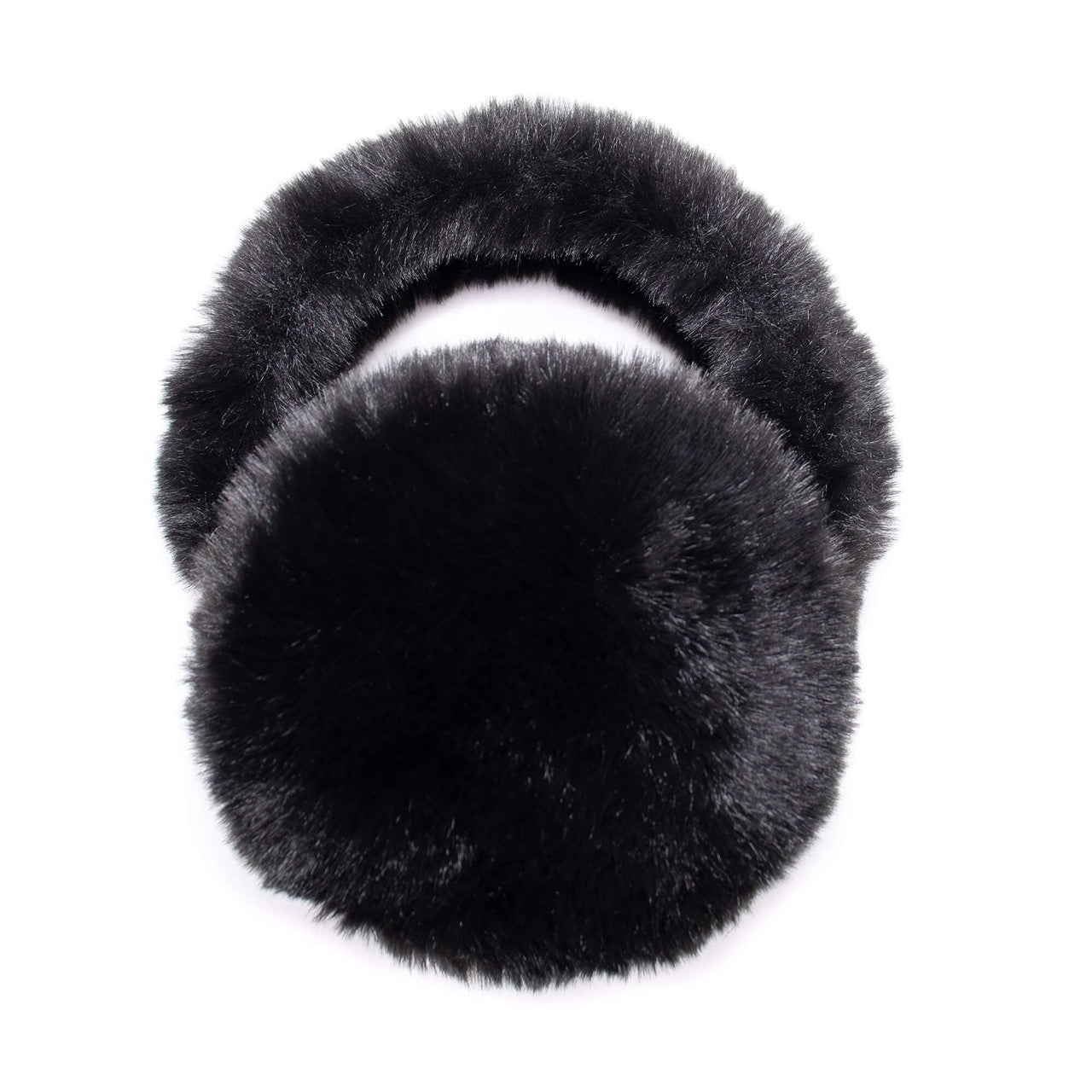 Folded up black faux fur earmuffs with fuzzy band