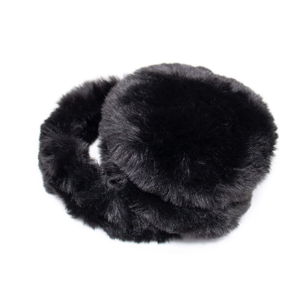 Folded up black faux fur earmuffs with fuzzy band