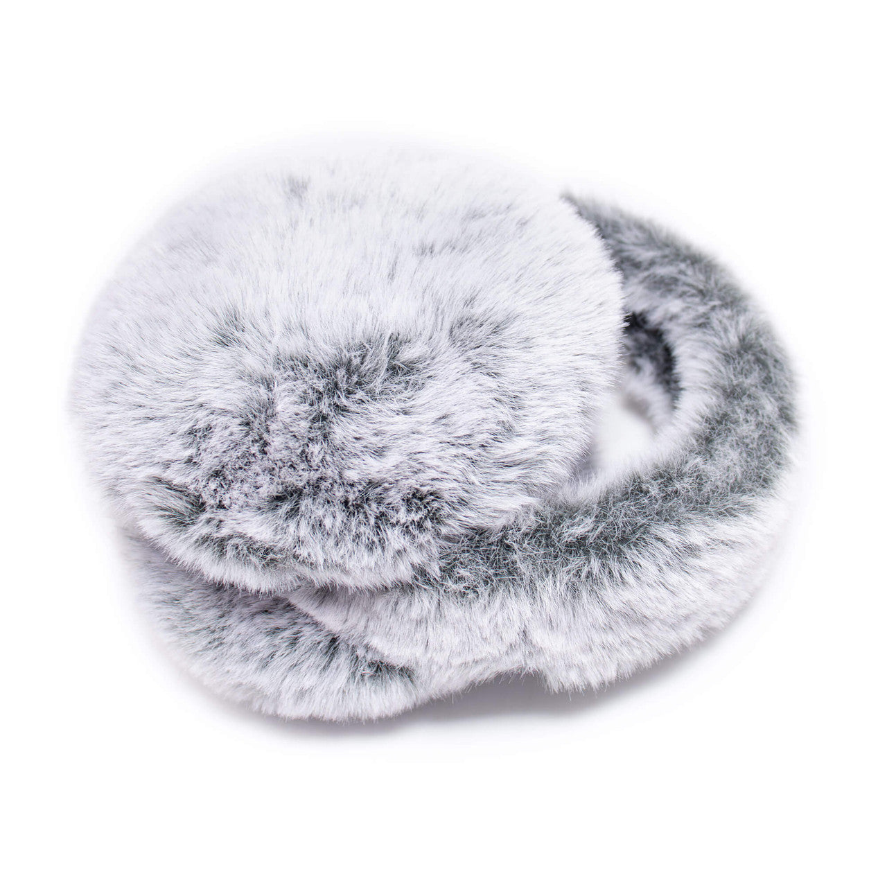 Folded up black frost faux fur earmuffs with fuzzy band