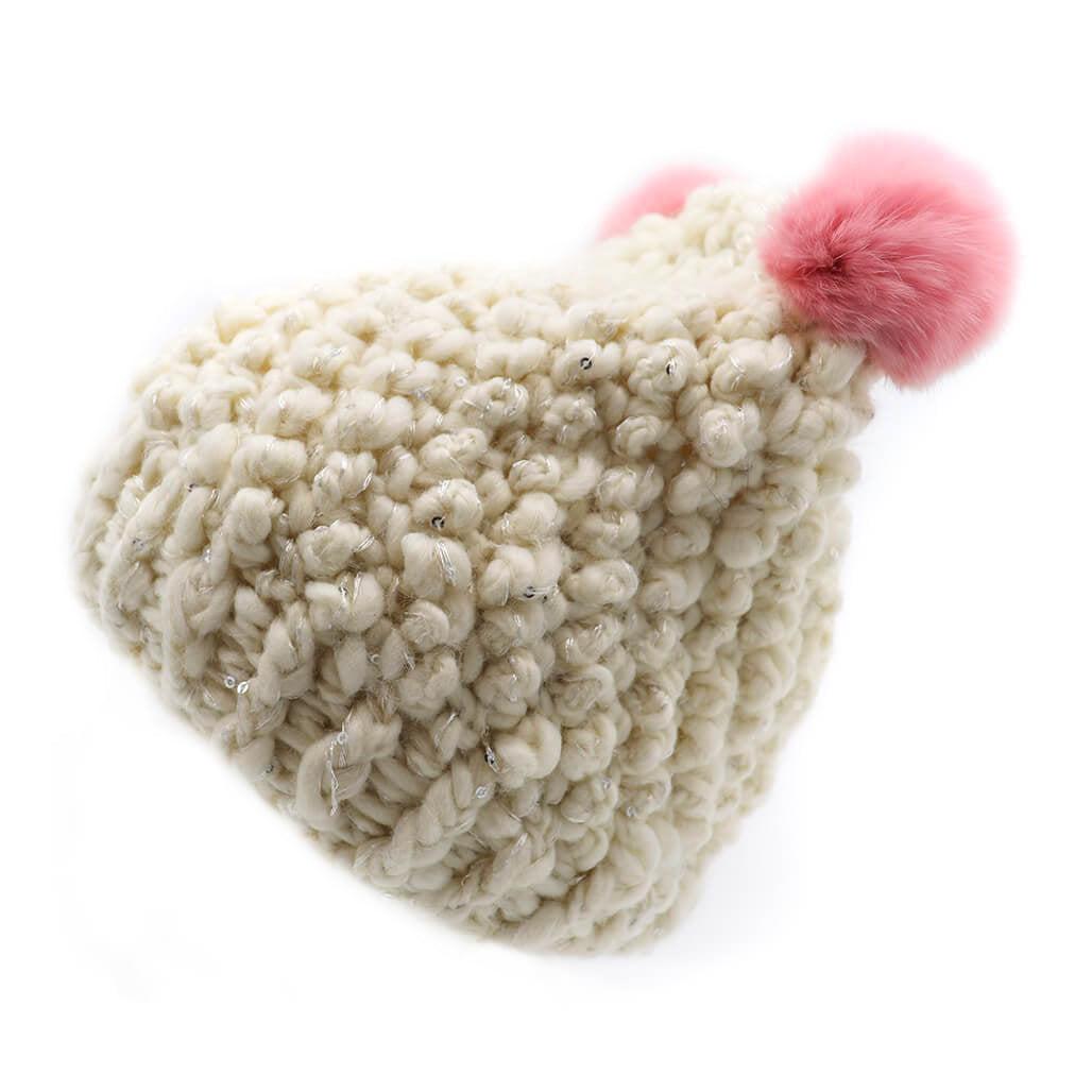Children's Minnie Popcorn Beanie with Rabbit Fur Poms