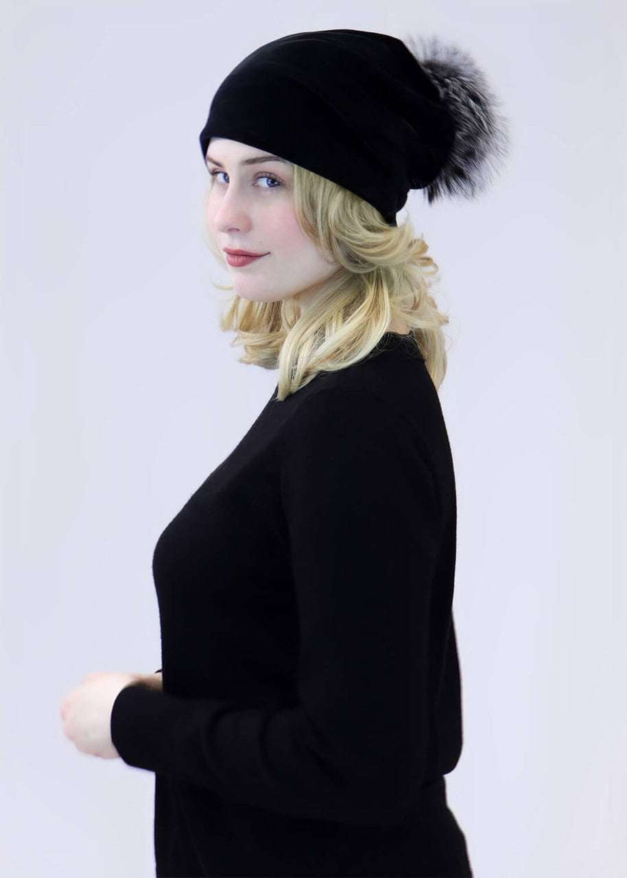 Velvet Slouch Beanie with Fox Fur Pom
