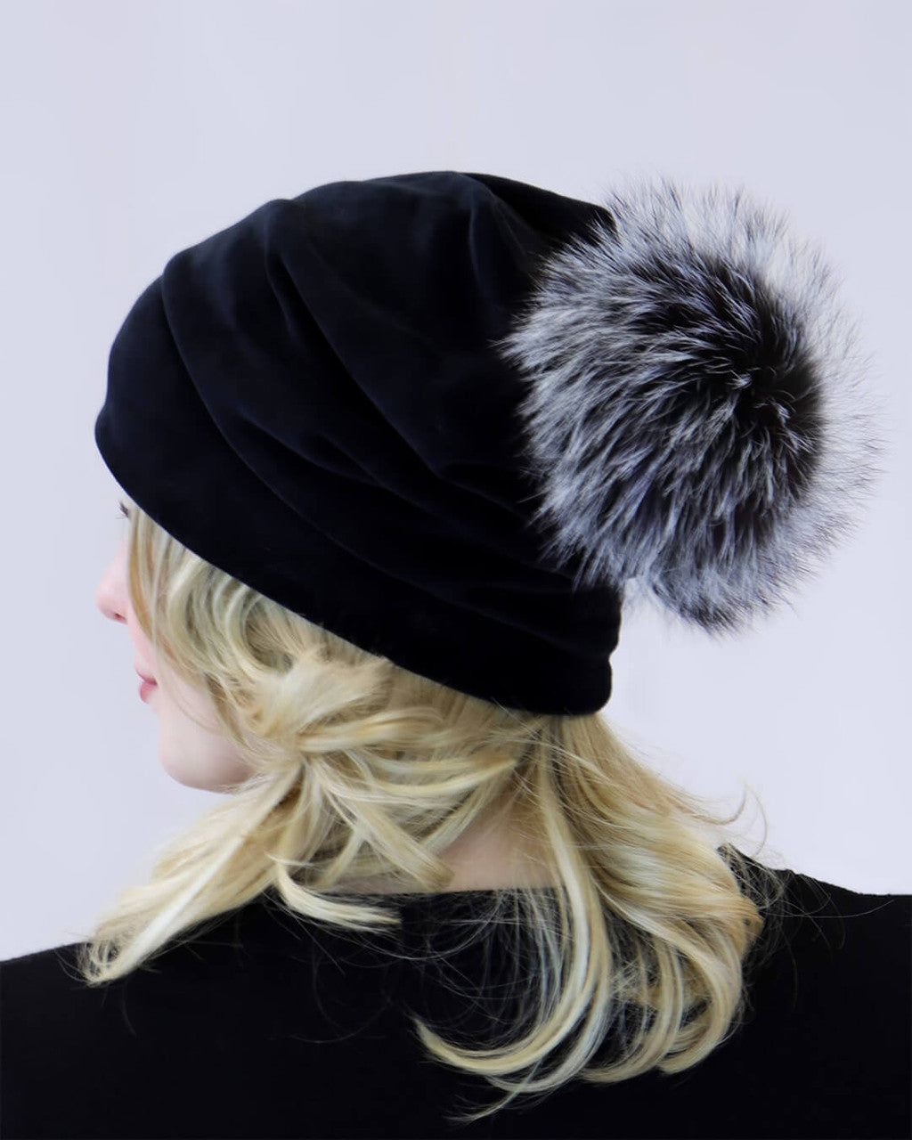 Velvet Slouch Beanie with Fox Fur Pom Women's Winter Hats