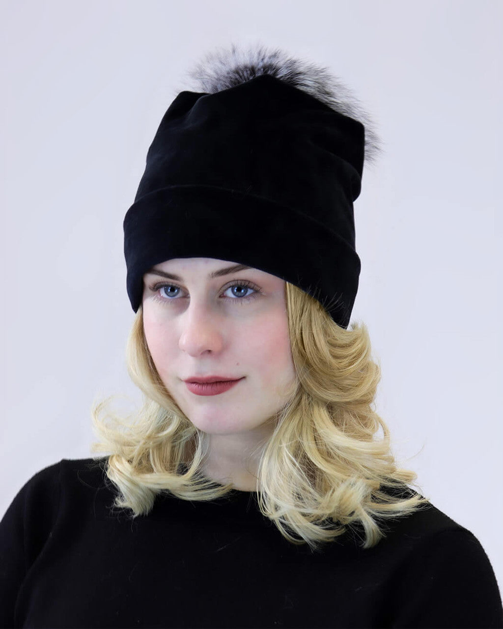 Velvet Slouch Beanie with Fox Fur Pom