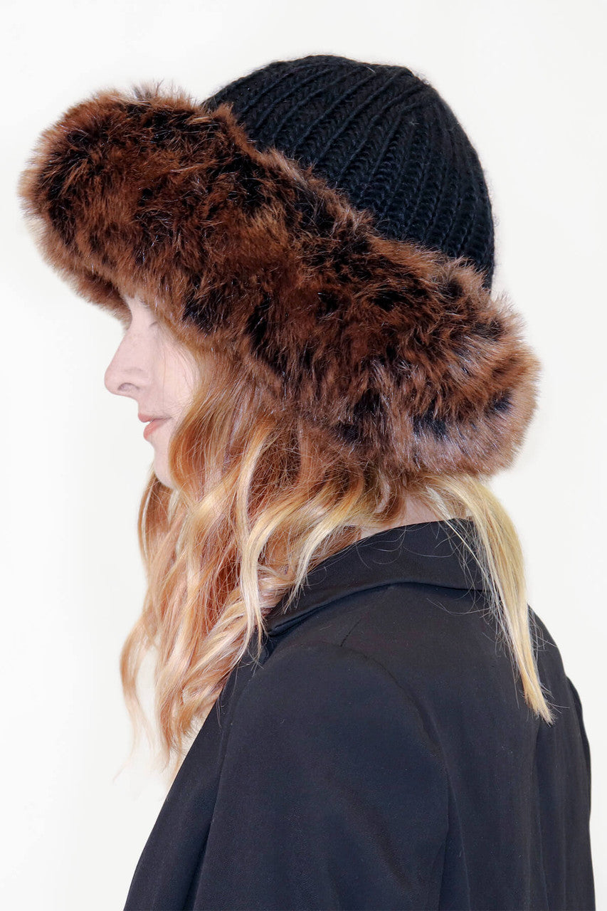 Knit Crown Hat with Faux Fox Fur Cuff