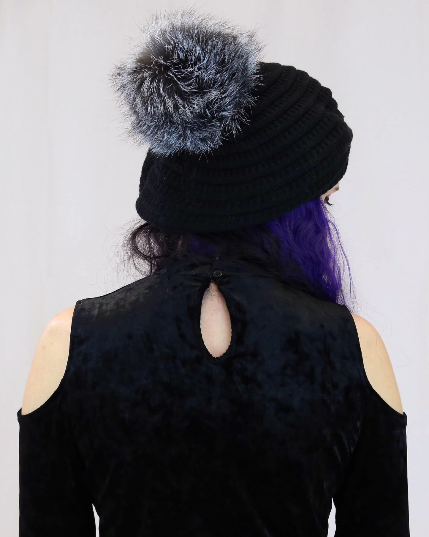 Spiral Knit Beret with Fox Fur Pom