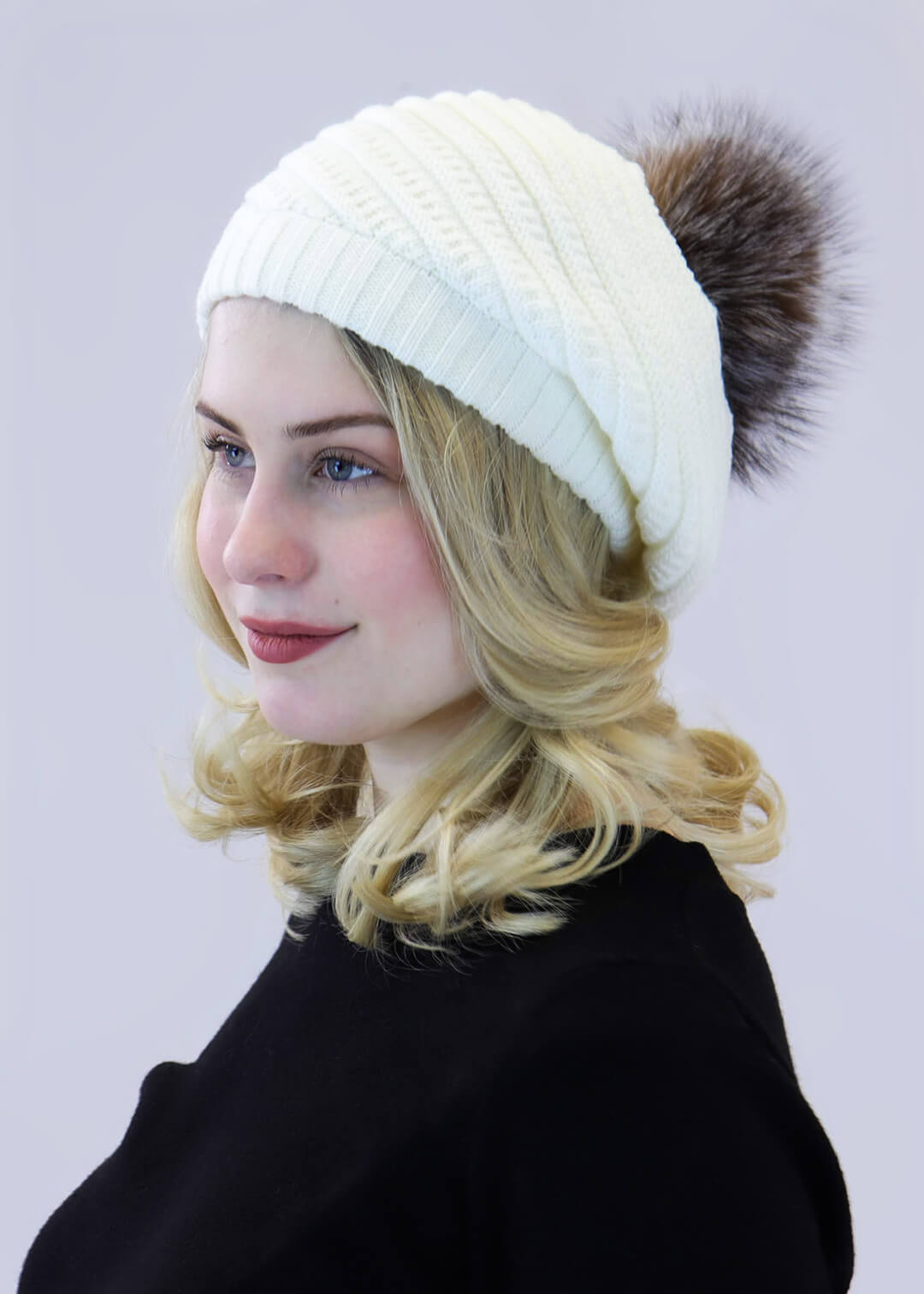 Spiral Knit Beret with Fox Fur Pom