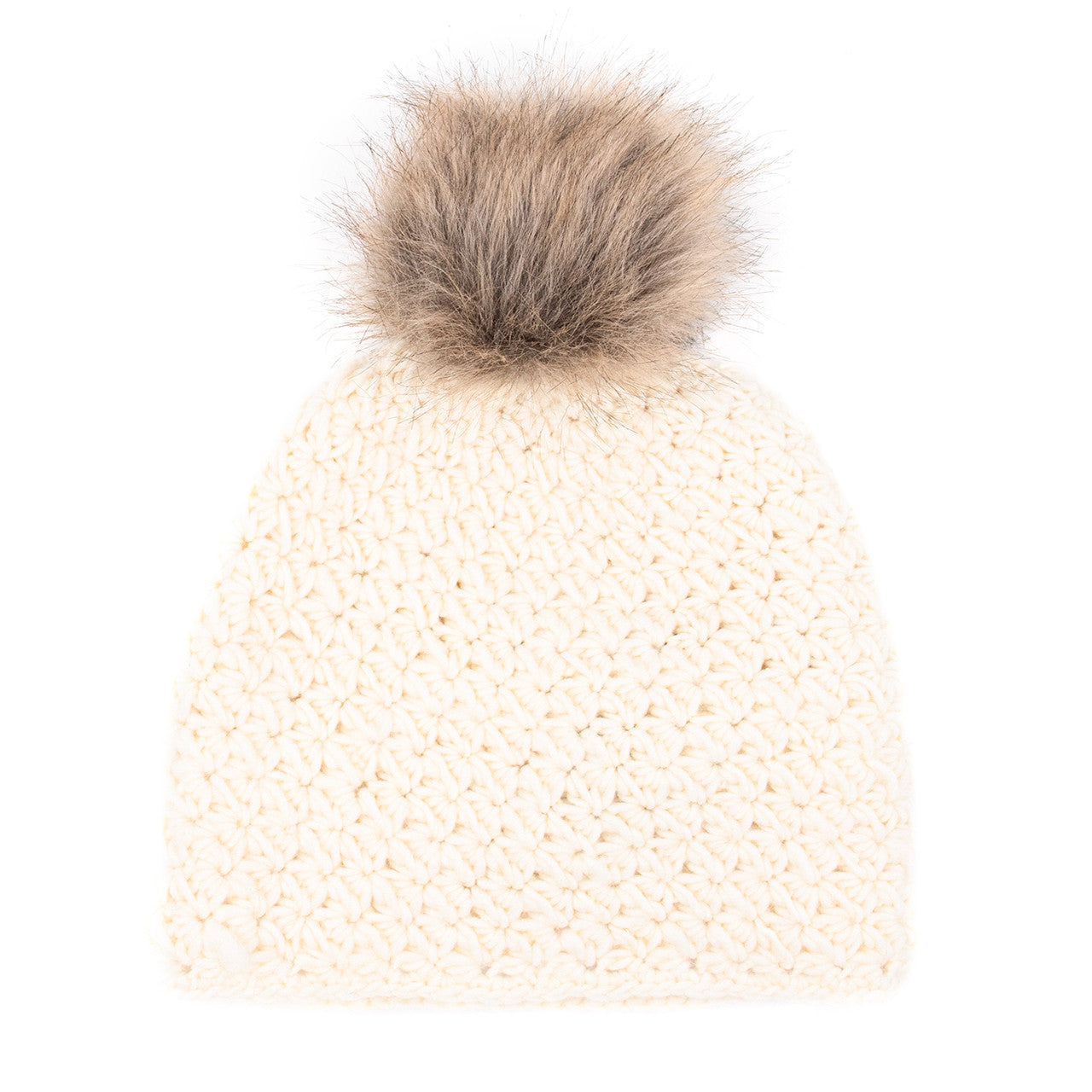 Handmade Star Knit Beanie with Faux Fox Fur Pom
