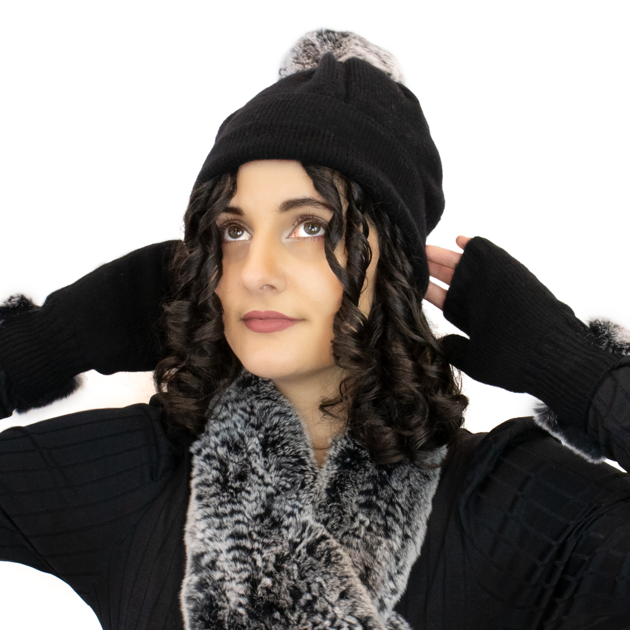 Black/Black Frost Cashmere Hat with Rex Pom