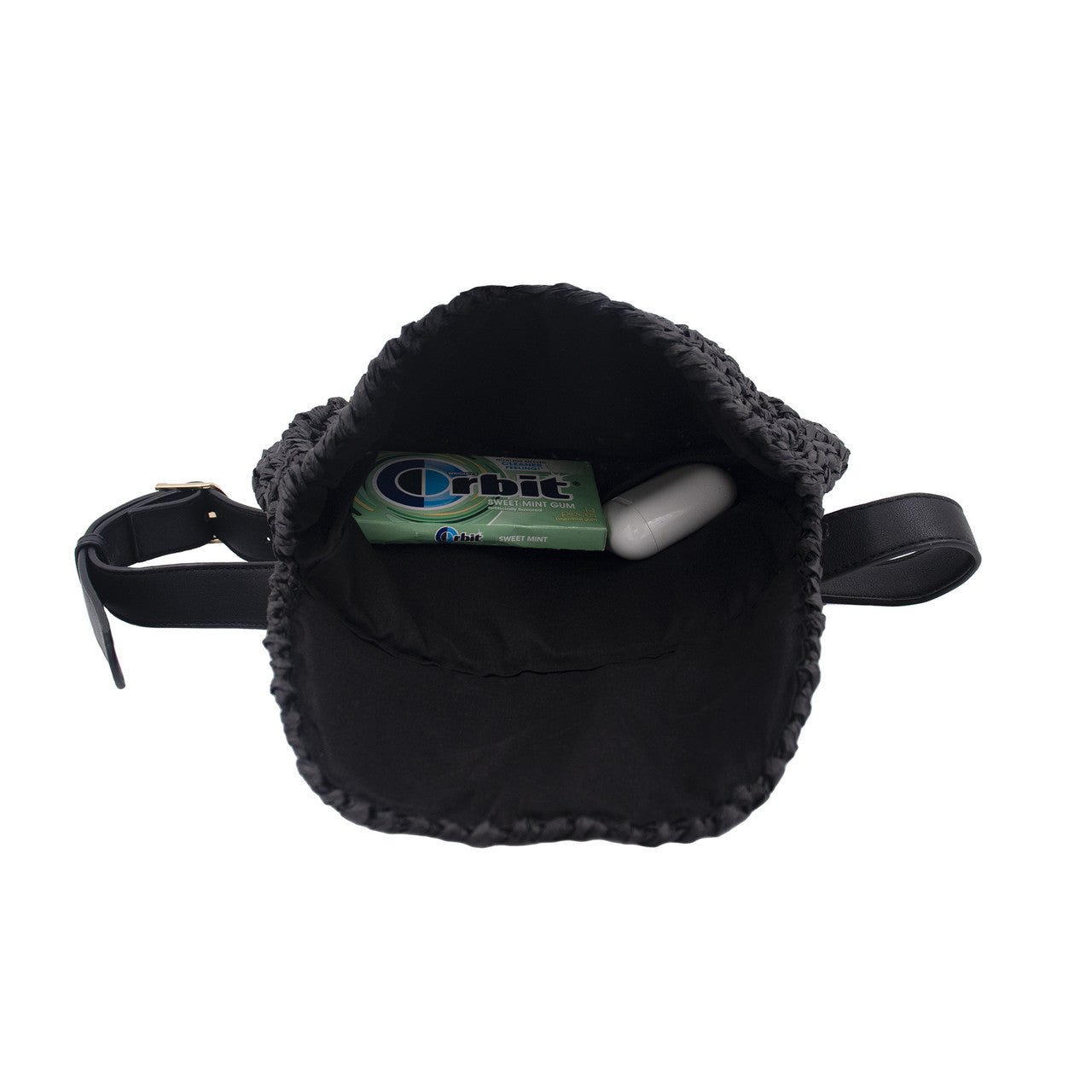 Black Straw Fanny Pack Open
