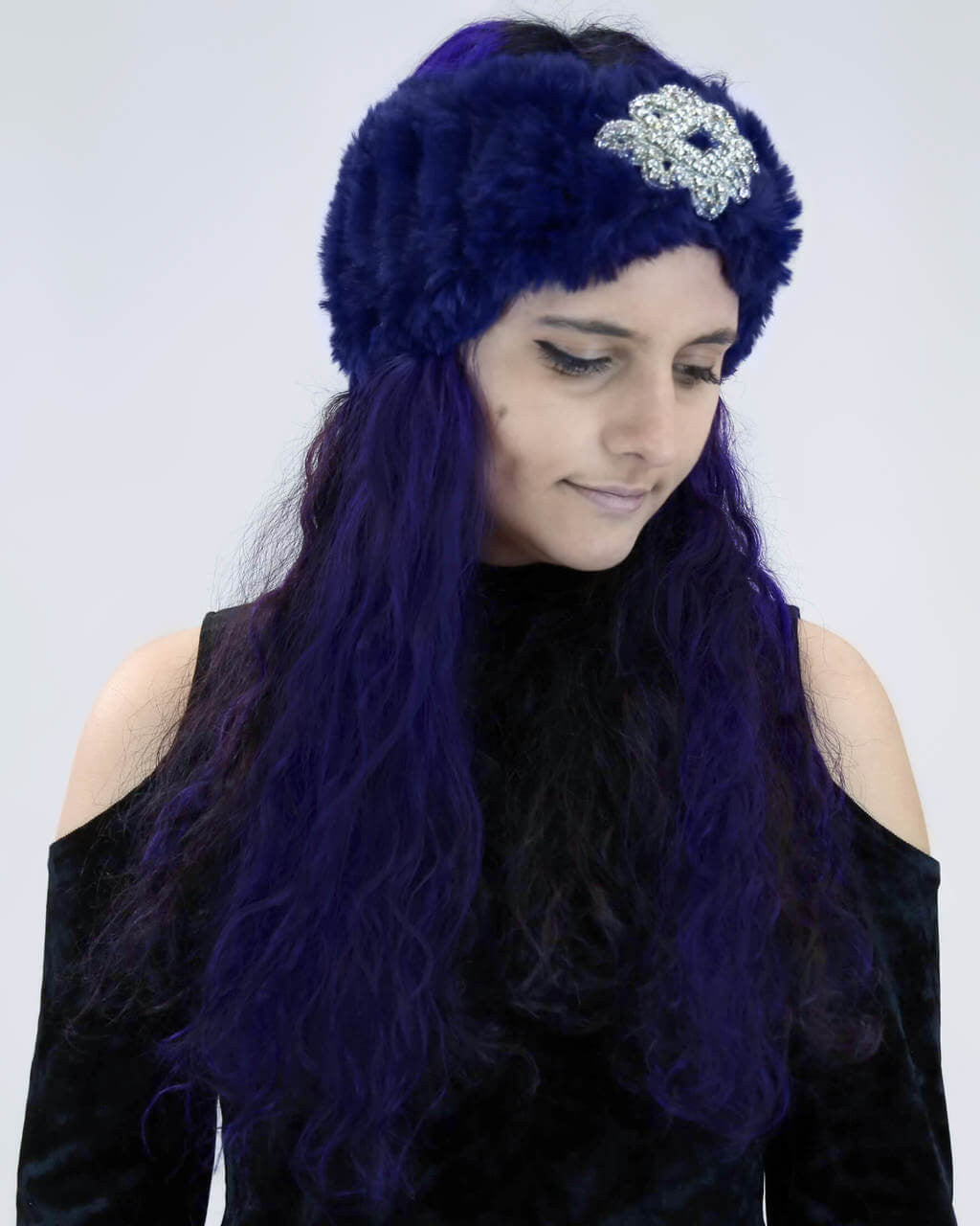Surell Accessories Sheared Rabbit Knit Headband with Jewel Navy