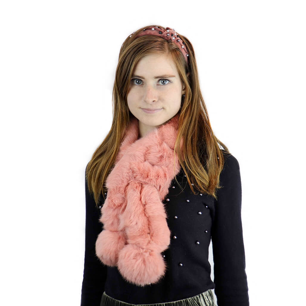 long haired rabbit ball scarf in pink model shot