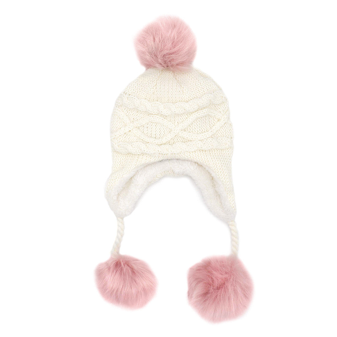 Children's Cable Knit Hat with Faux Poms ivory dusty rose