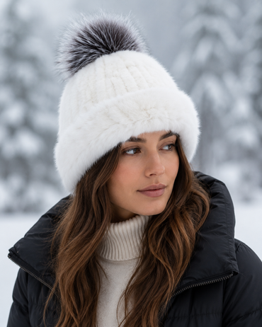 Mink Fur Knit Hat with Fox Pom