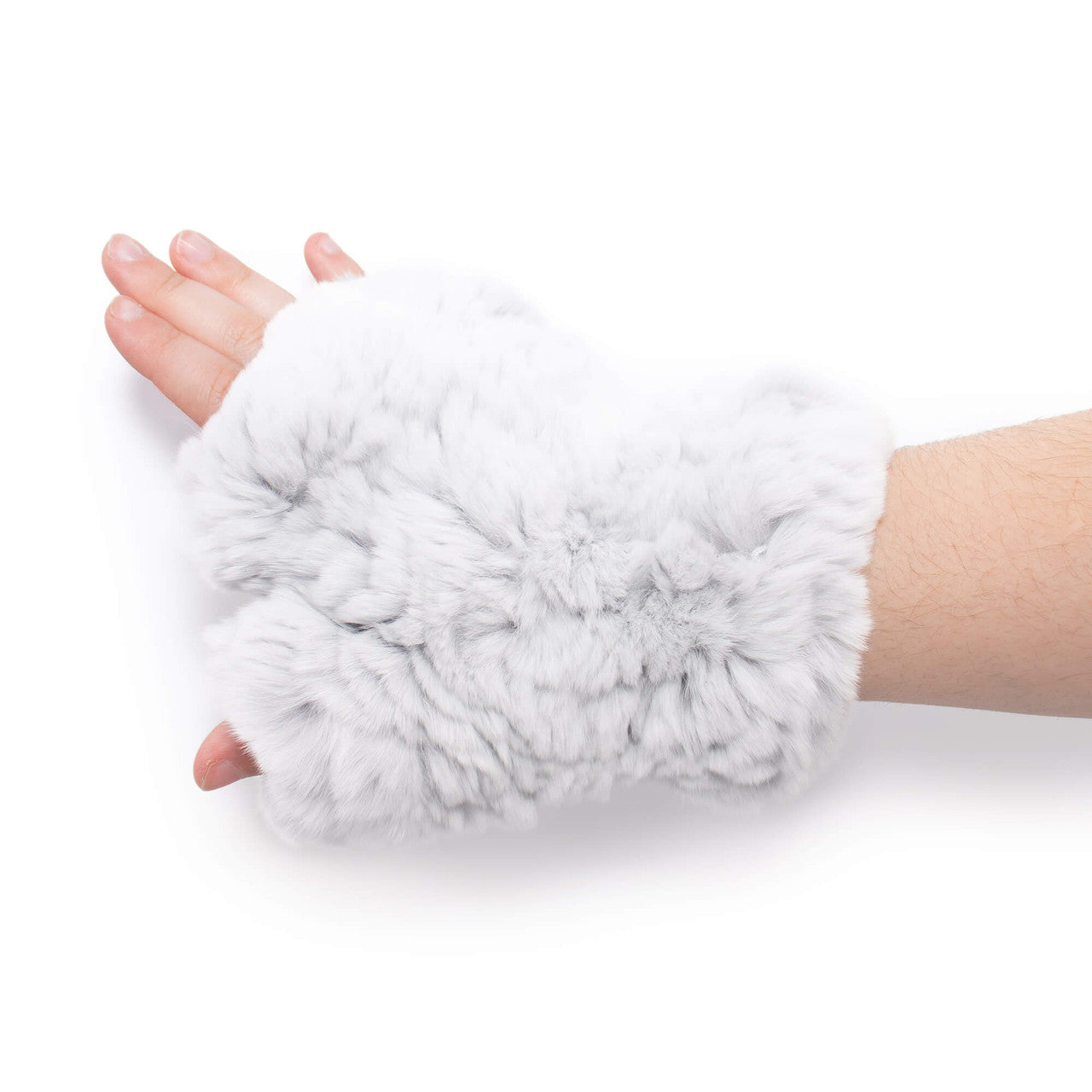 Gray rex rabbit fur fingerless gloves on hand