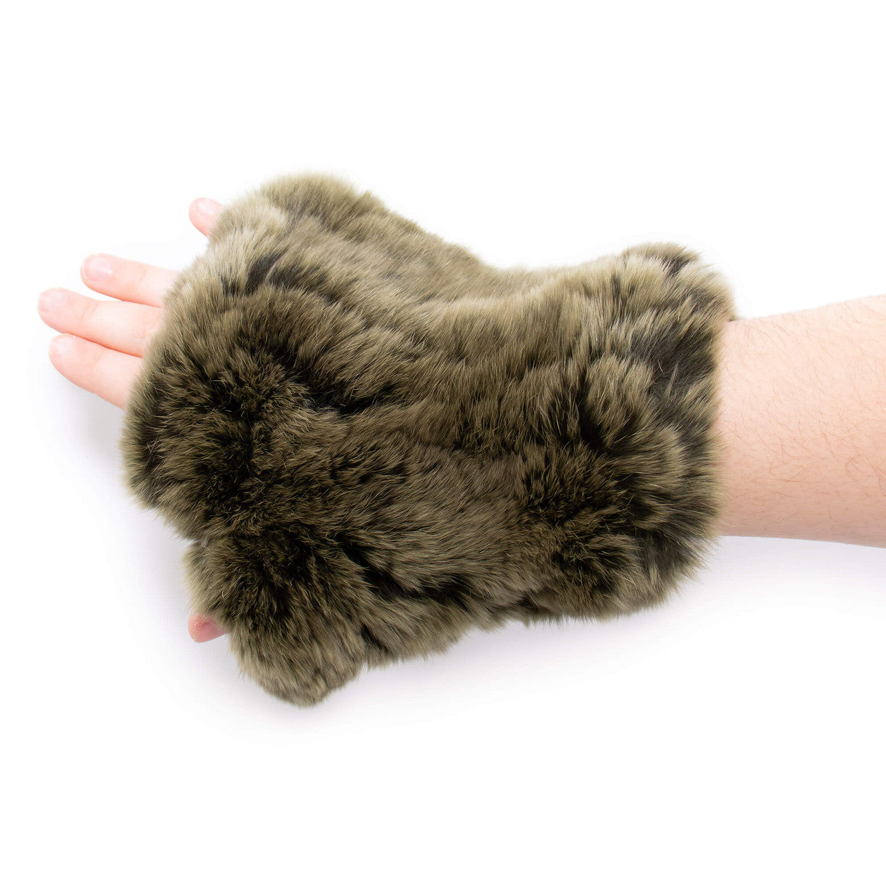 Olive green rex rabbit fur fingerless gloves on hand