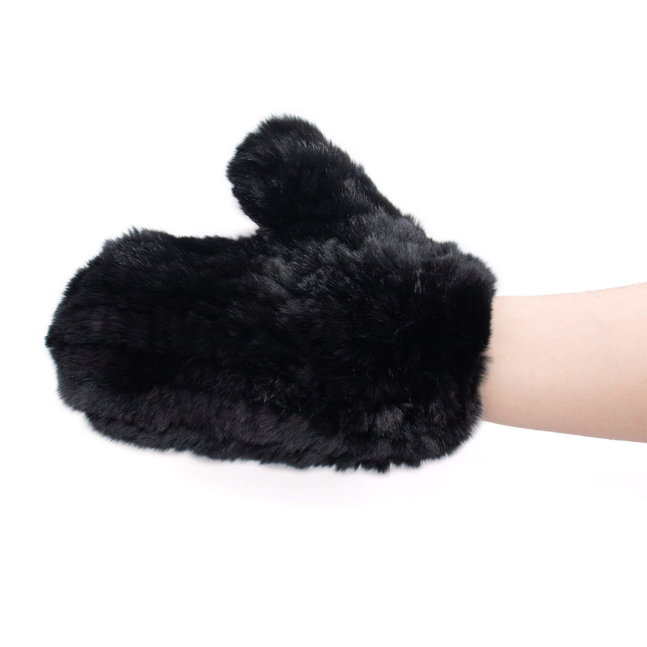 Black Rex Rabbit Fur Knit Mittens on Hand