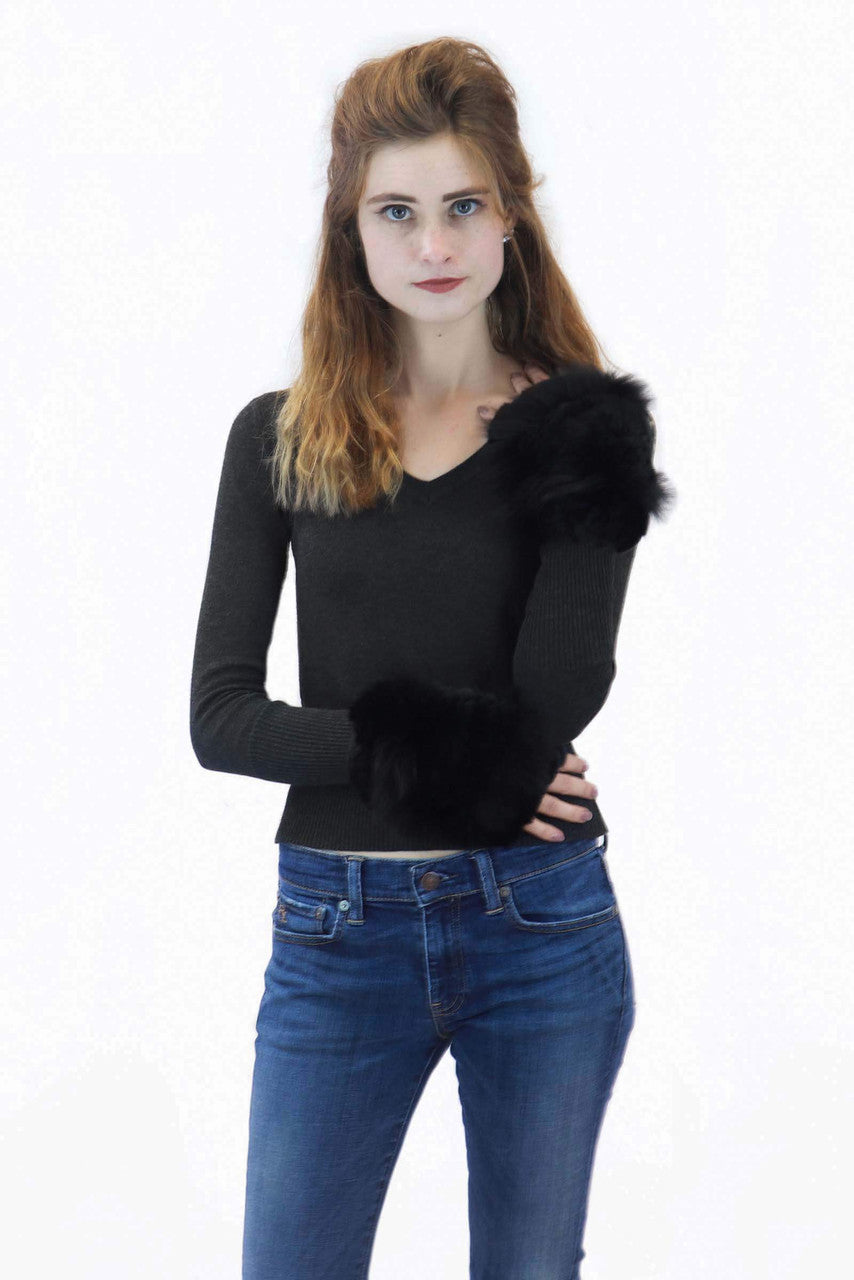 Rex Rabbit Fur Texting Mittens with Fox Fur Trim