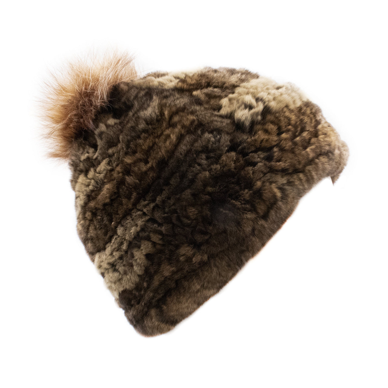 Limited Run Rex Rabbit Textile Knit Beanie with Fox Pom Brown and Crystal