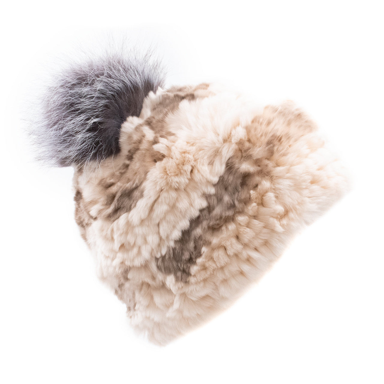 Limited Run Rex Rabbit Textile Knit Beanie with Fox Pom Beige with Blue Frost