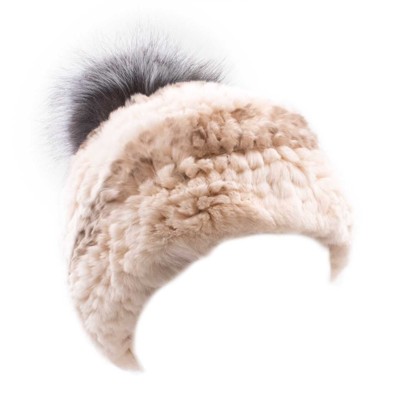 Limited Run Rex Rabbit Textile Knit Beanie with Fox Pom Beige with Blue Frost
