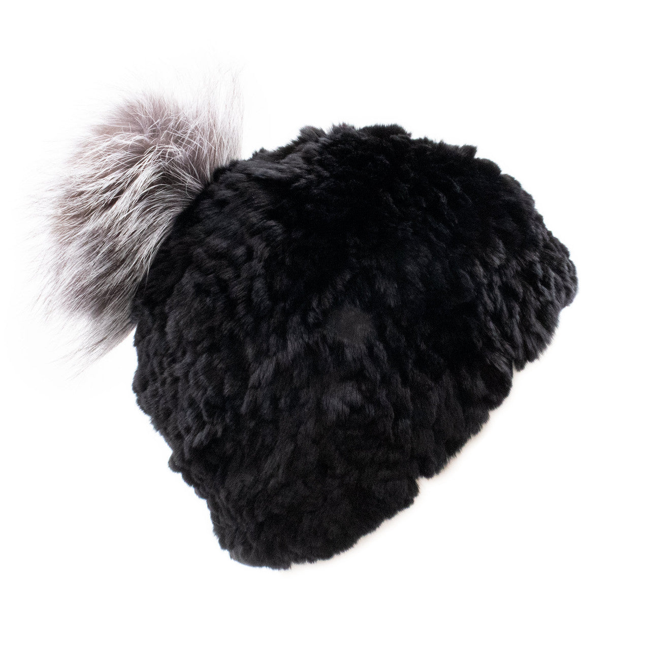 Limited Run Rex Rabbit Textile Knit Beanie with Fox Pom Black and Blue Frost