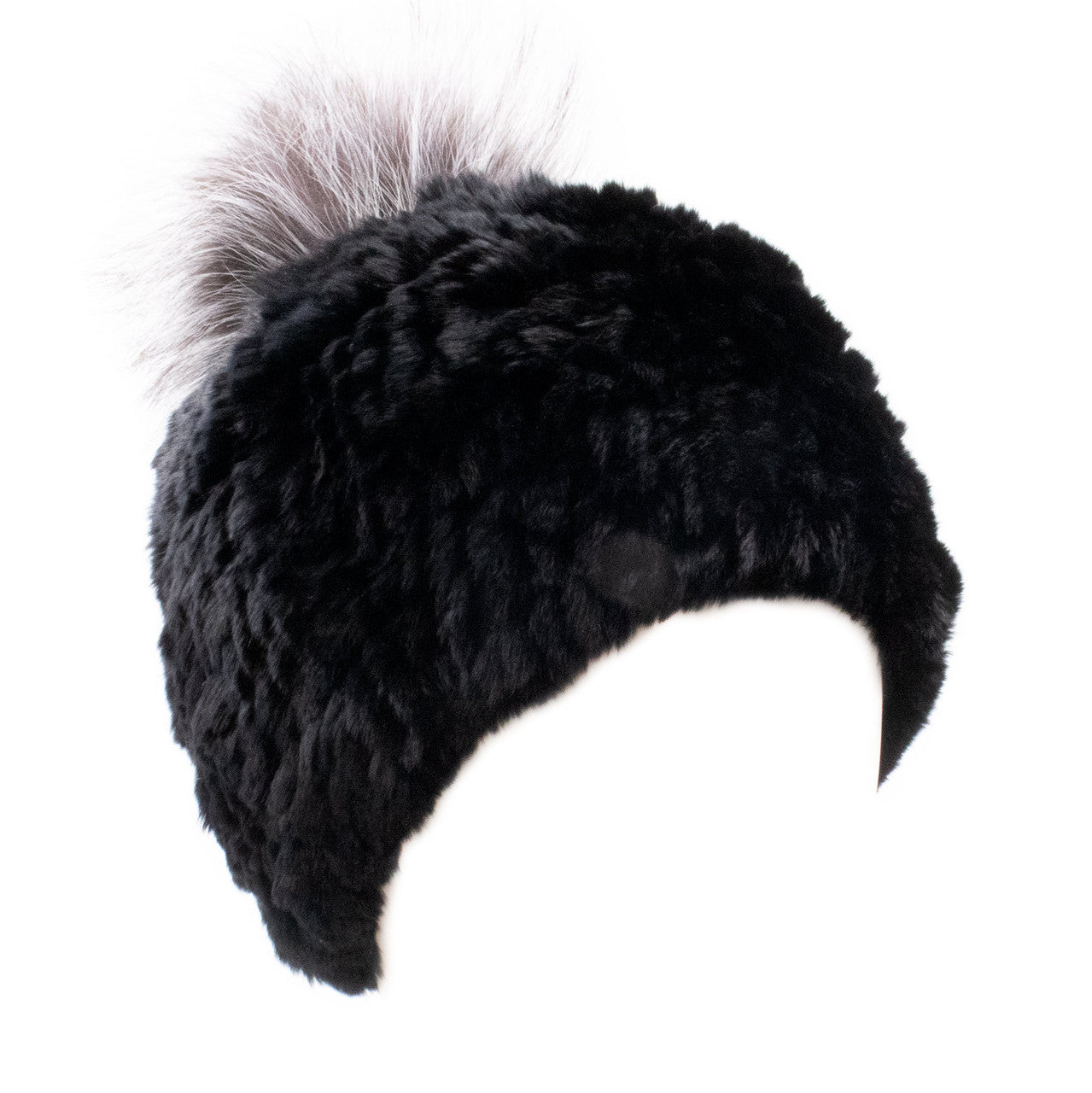 Limited Run Rex Rabbit Textile Knit Beanie with Fox Pom Black and Blue Frost