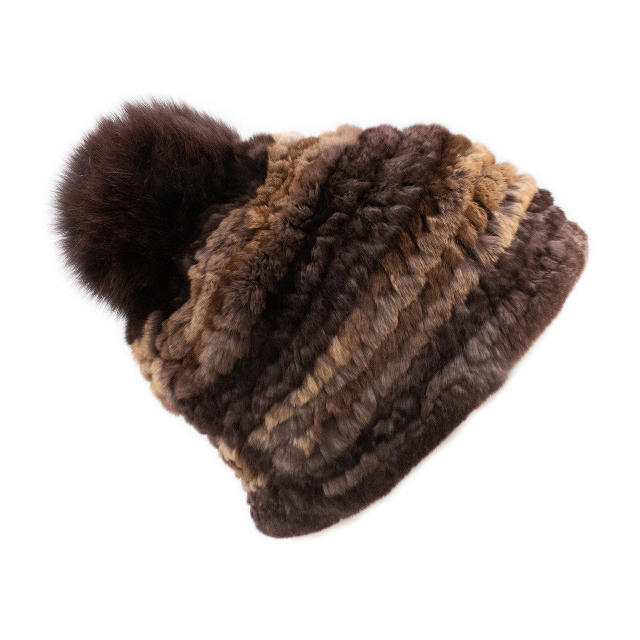 Limited Run Rex Rabbit Textile Knit Beanie with Fox Pom Brown Multi with Brown