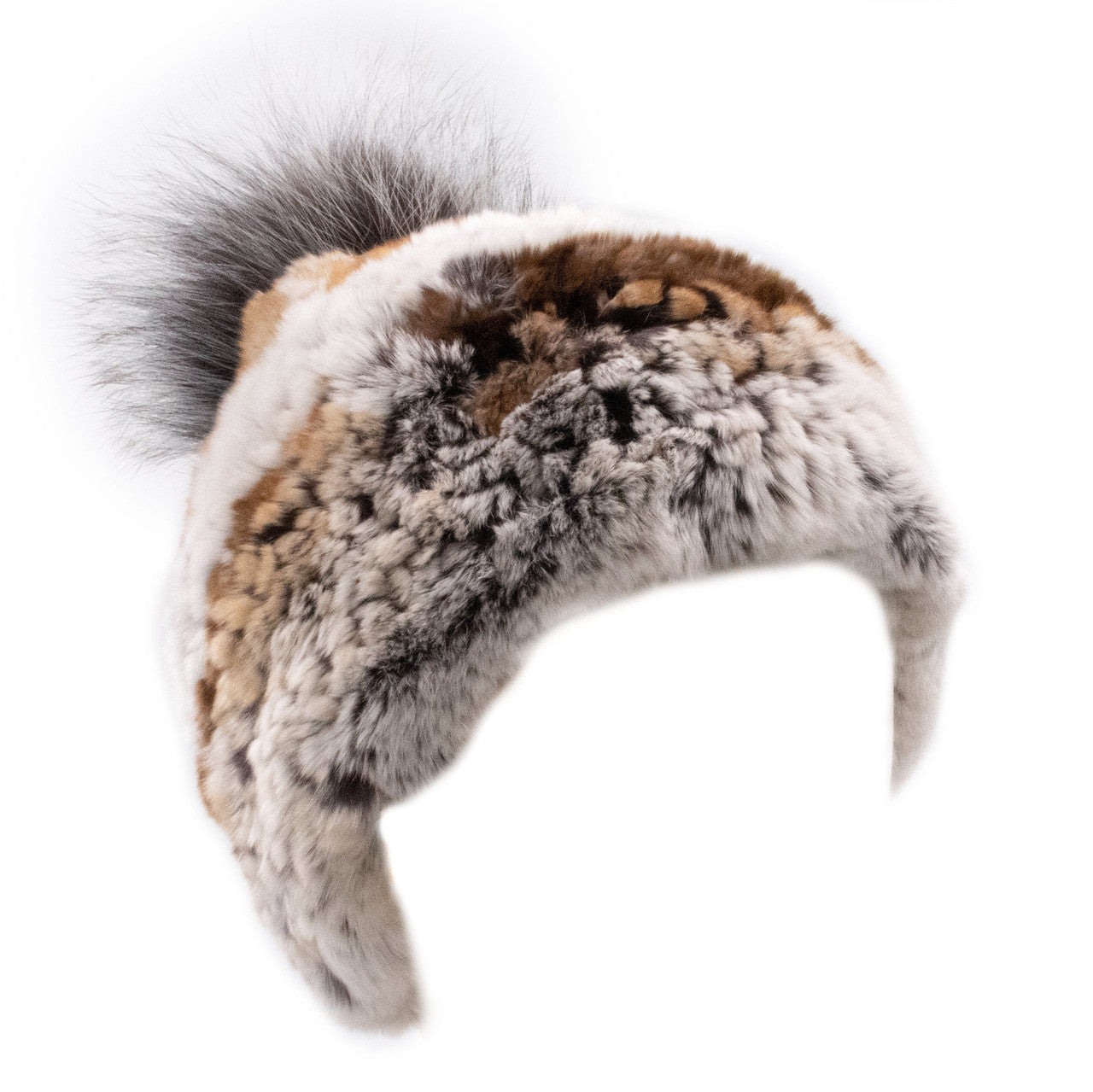 Limited Run Rex Rabbit Textile Knit Beanie with Fox Pom Brown & Yellow Frost with Blue Frost