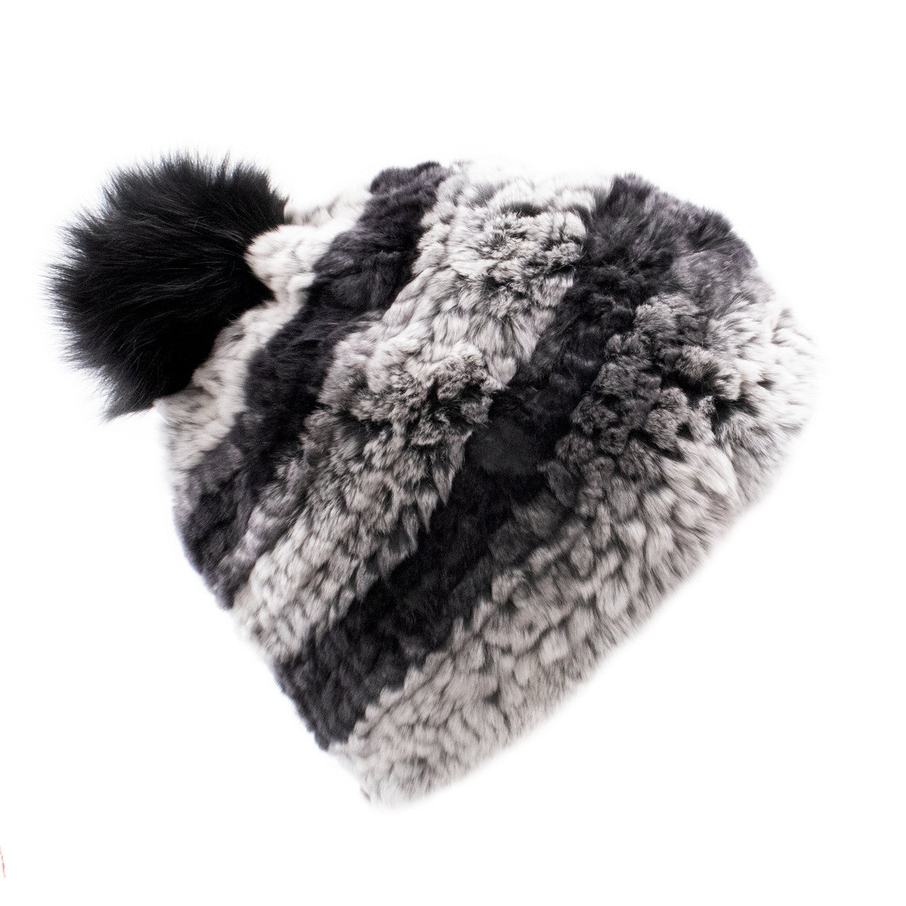Limited Run Rex Rabbit Textile Knit Beanie with Fox Pom Chin and Black