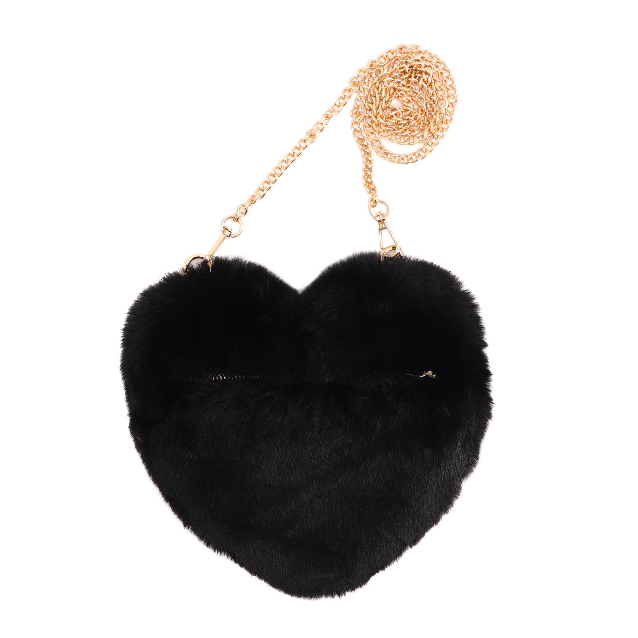 Black Faux Fur Heart Bag with Gold Chain