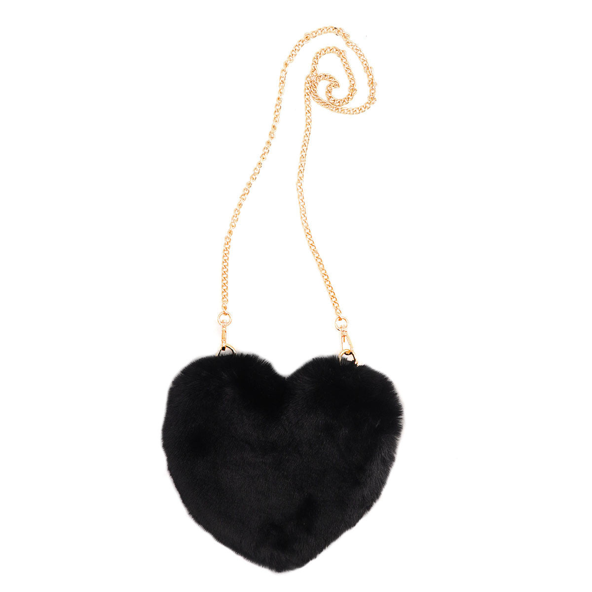 Black Faux Fur Heart Purse with gold chain fully extended.