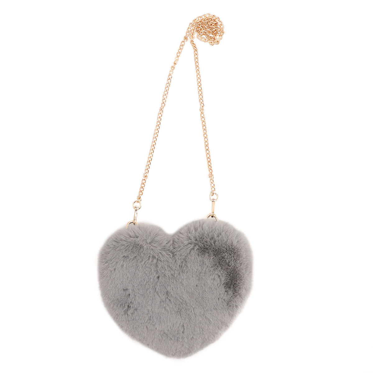 Grey Faux Fur Heart Purse with gold chain fully extended.
