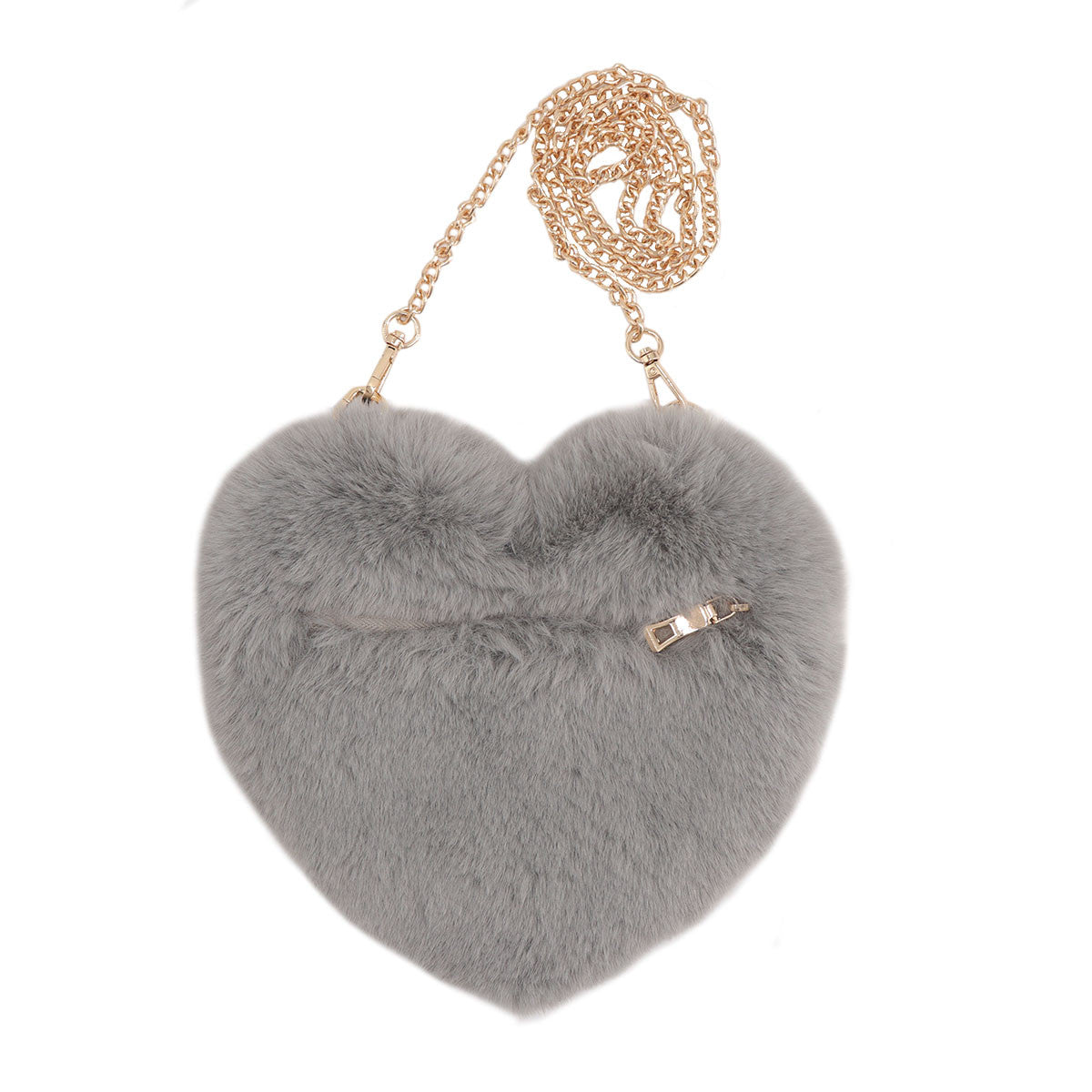 Grey Faux Fur Heart Bag with Gold Chain