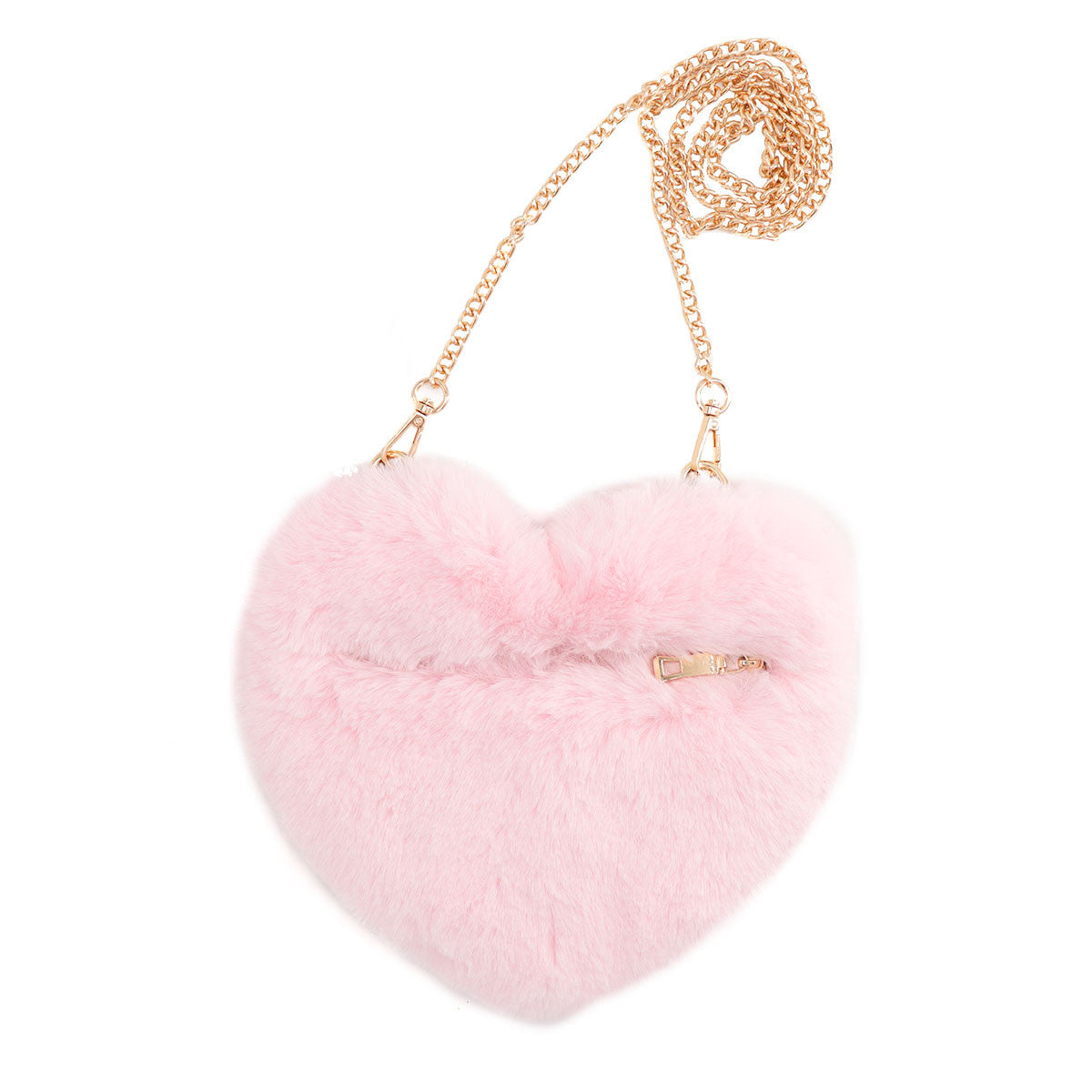 Pink Faux Fur Heart Bag with Gold Chain