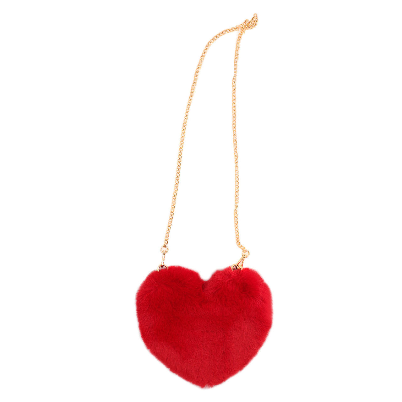 Red Faux Fur Heart Purse with gold chain fully extended.