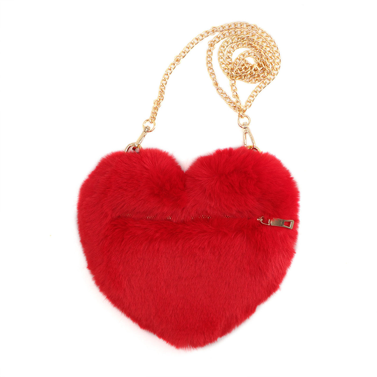 Red Faux Fur Heart Bag with Gold Chain