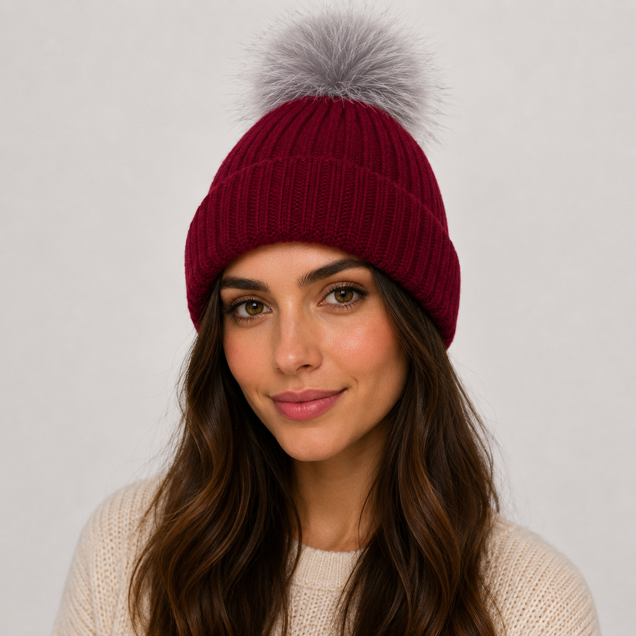 Red Knit Hat with Detachable Fox Fur Pom