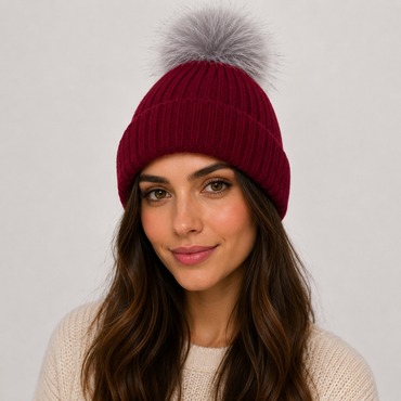 Red Knit Hat with Detachable Fox Fur Pom