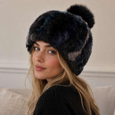 Rex Rabbit Textile Knit Beanie with Fox Pom