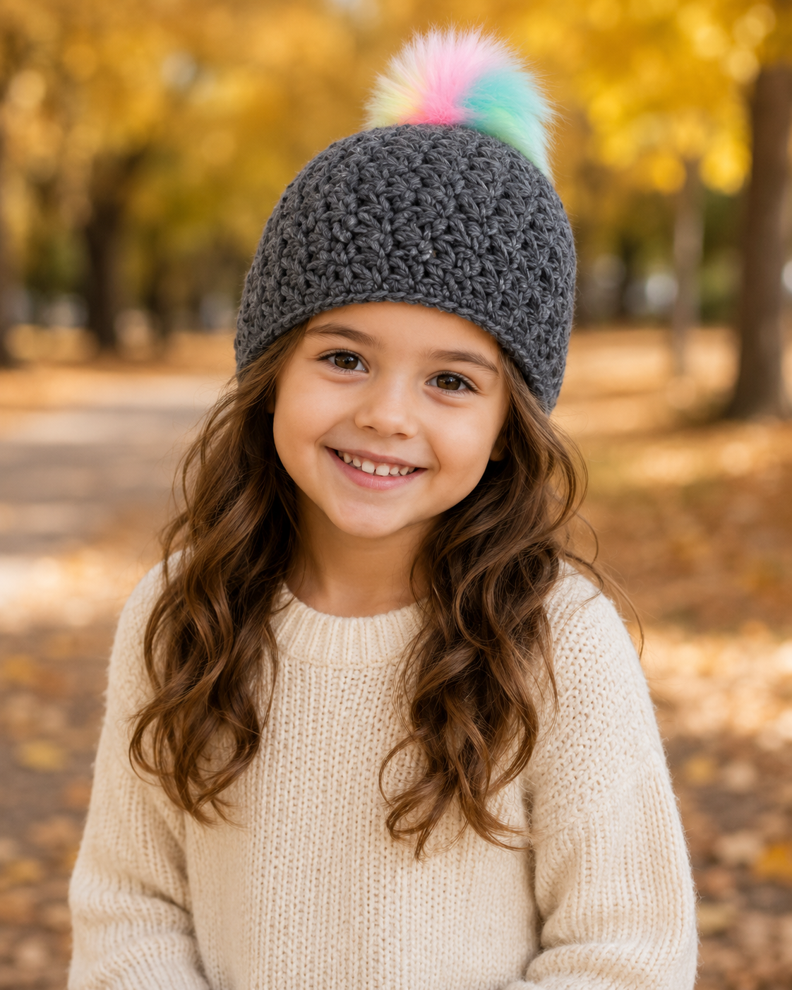 Kid's Handmade Knit Hat with Faux Rainbow Pom