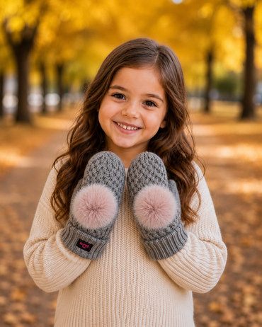 Children's Seed Stitch Mittens with Faux Fox Fur Pom