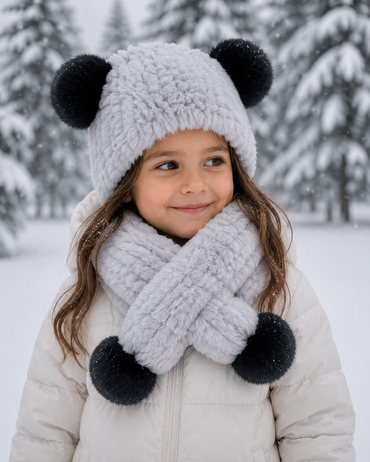 Kid's Rex Rabbit Fur Knit Hat and Scarf Set