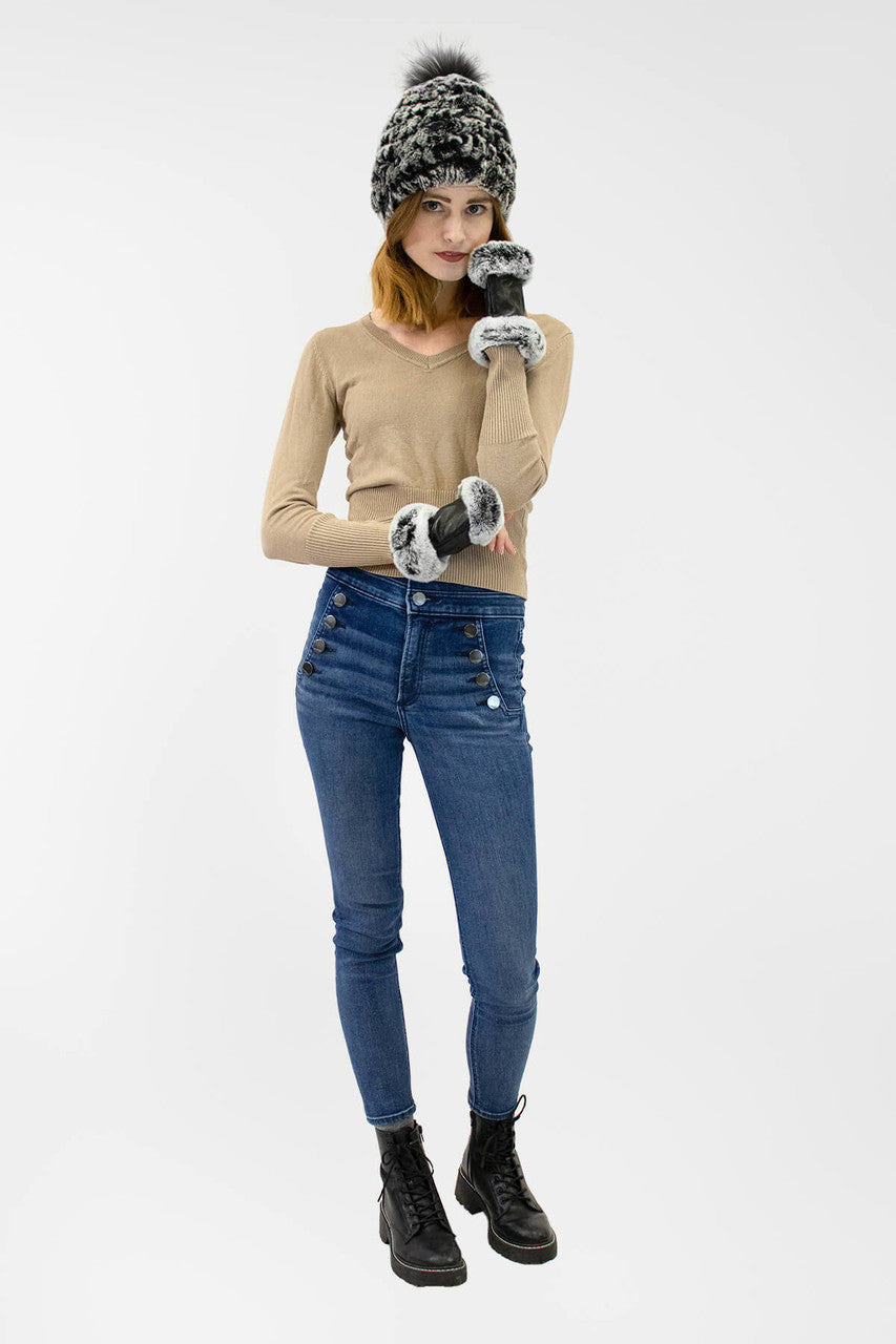 Lamb Leather Fingerless Gloves with Rex Rabbit Trimming