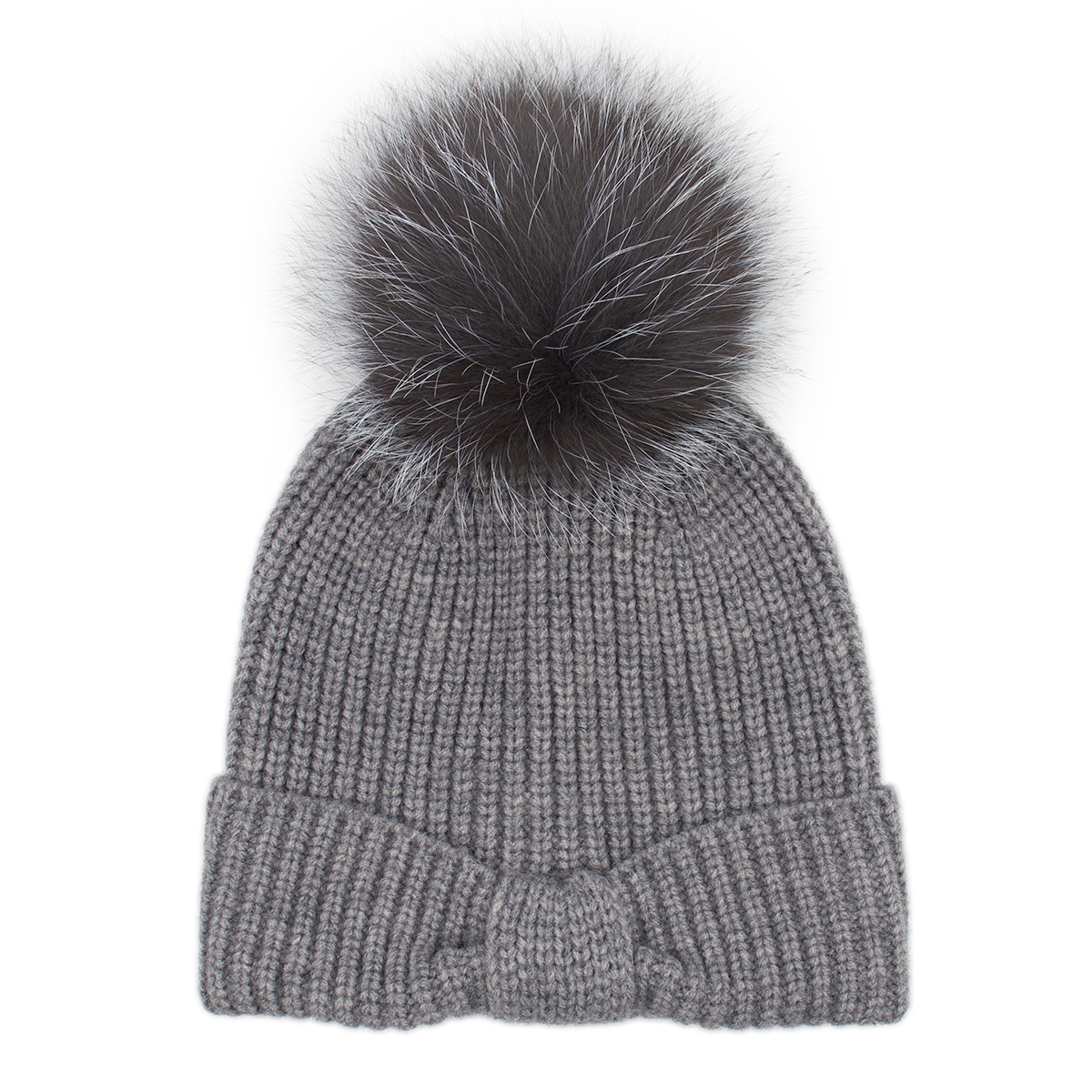 Gray Knit Beanie with Bow Design and Real Fox Fur Pom