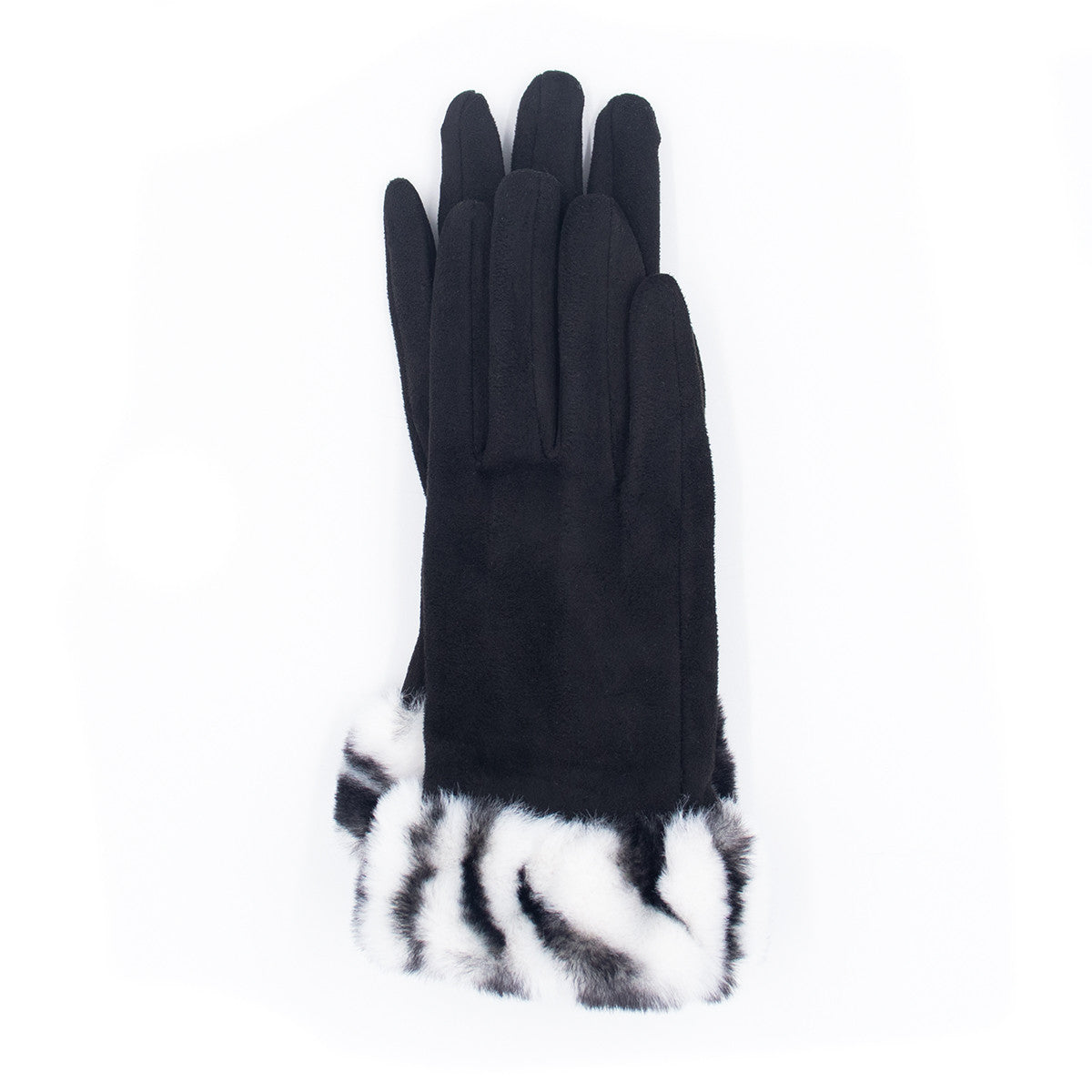 Faux Suede Gloves with Faux Rex Rabbit Fur Zebra Cuff