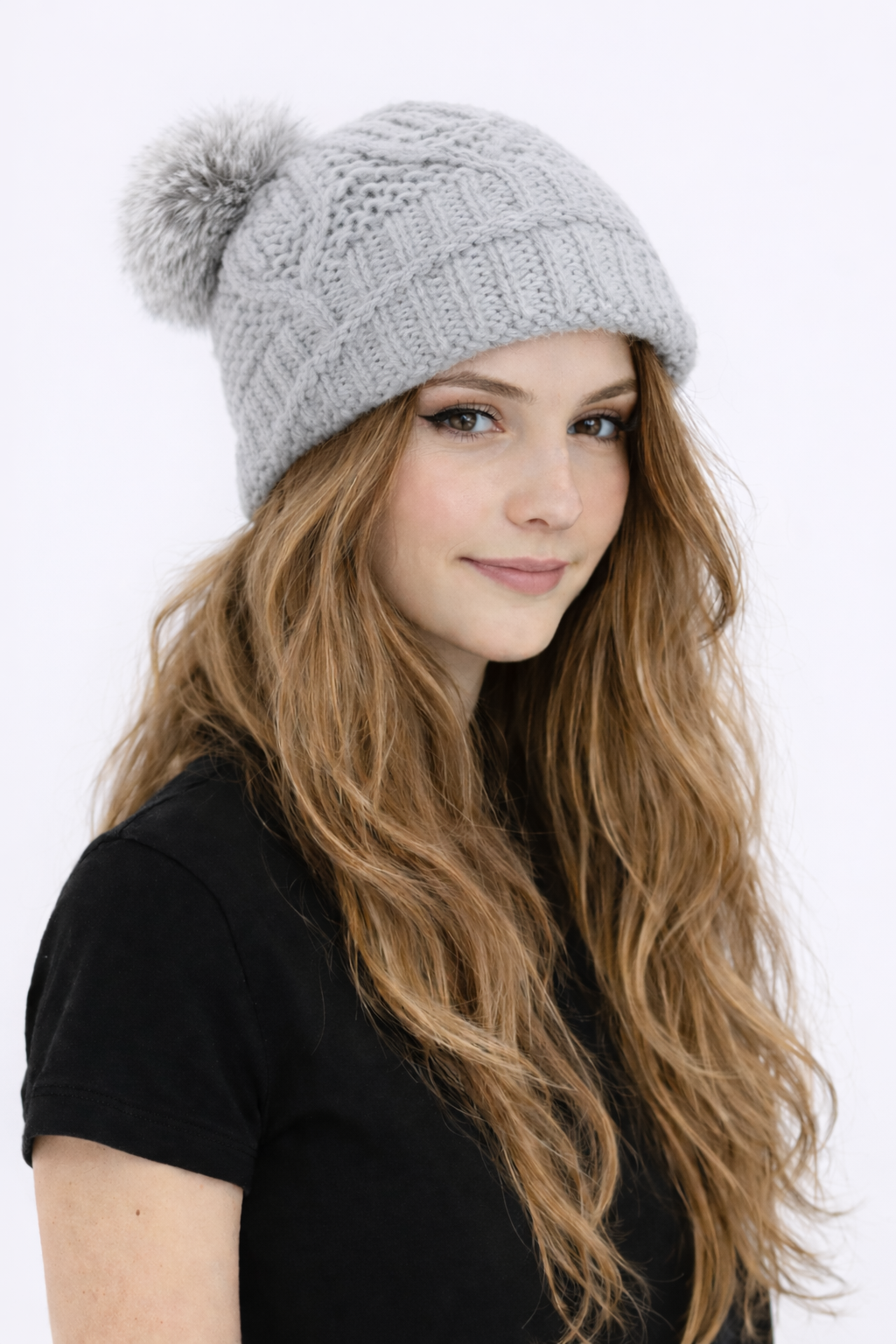 Visor Beanie with Rabbit Fur Pom