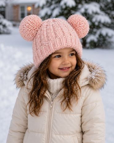 Kids Knit Hat with Yarn Poms