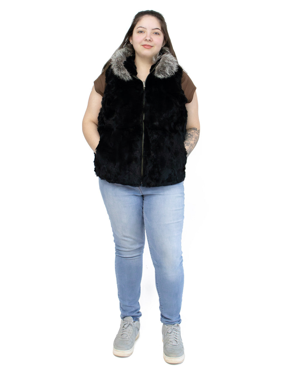 Women s Rex Rabbit Fur Vest with Fox Fur Collar Surell Accessories